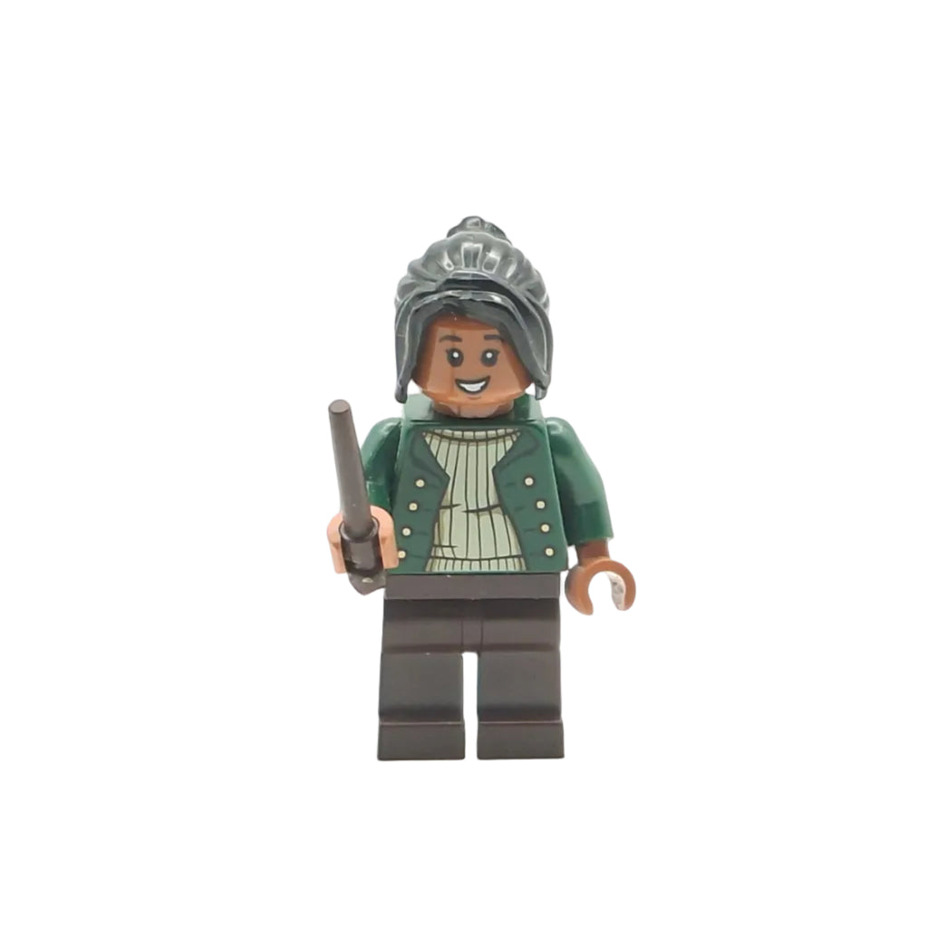 LEGO minifigure with a green coat and hat holding a cane on a white background