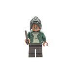 LEGO minifigure with a green coat and hat holding a cane on a white background