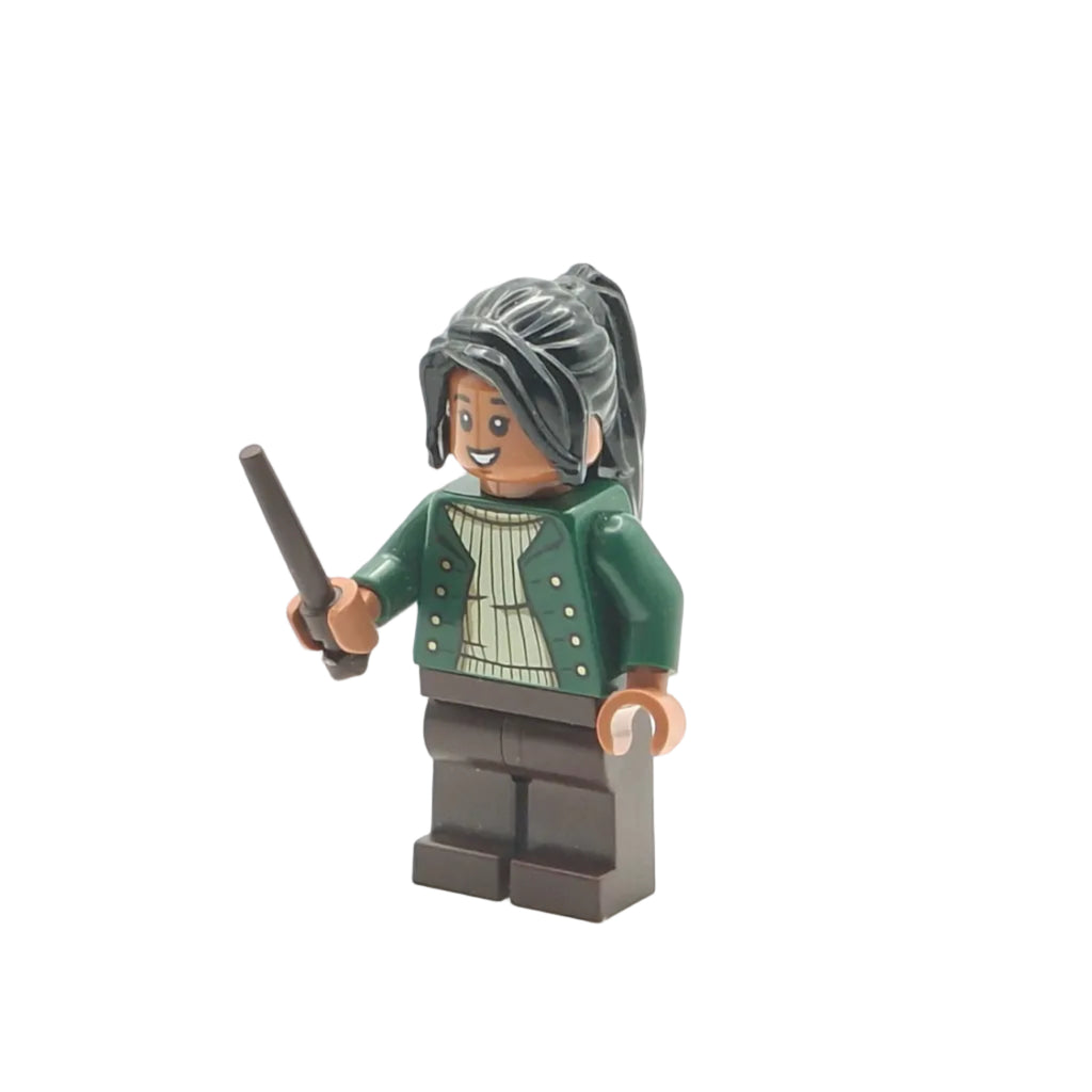 LEGO minifigure of a character with gray hair and green jacket holding a wand on a white background