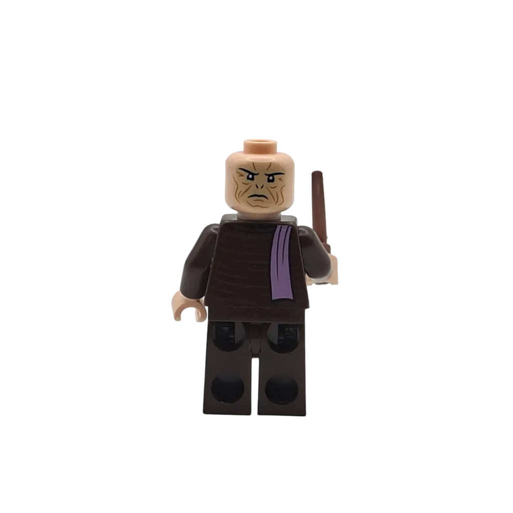 LEGO minifigure in a dark outfit with a purple sash on a white background