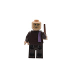 LEGO minifigure in a dark outfit with a purple sash on a white background
