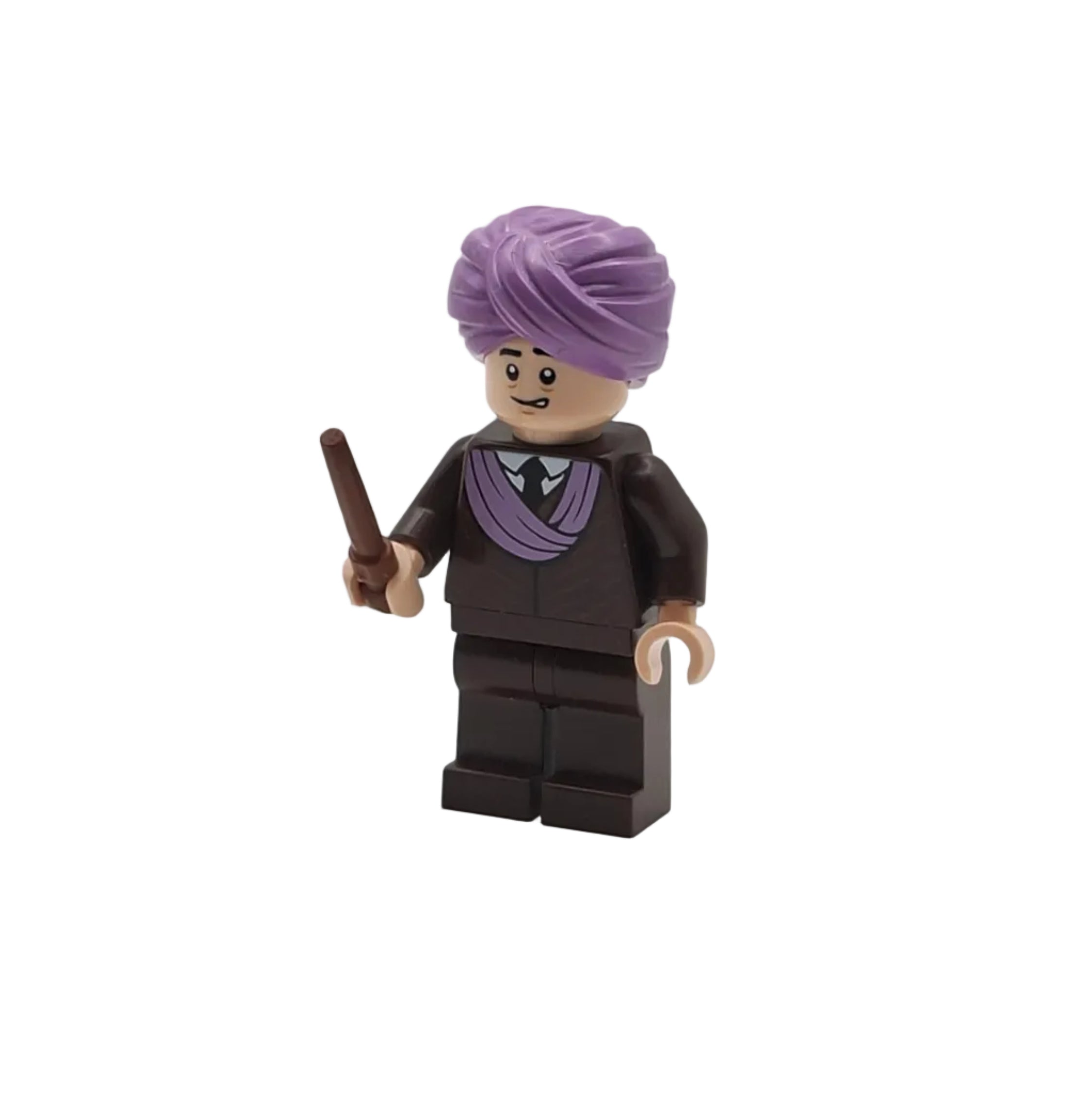 LEGO minifigure with a purple turban and robe holding a wand on a white background